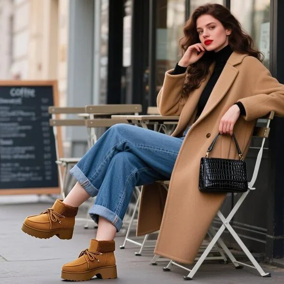 Women's Brown Platform Lace Up Snow Boots with Zipper & Chunky Heels - Picture 2 of 6